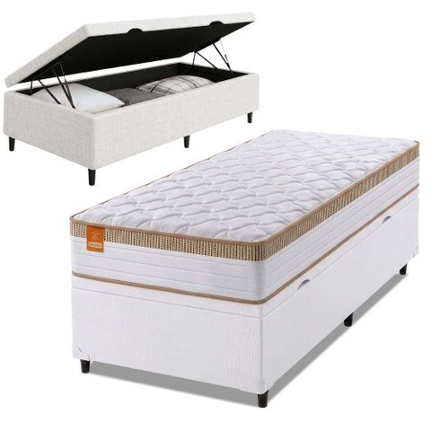 Cama Box Baú Colchão Solteiro Molas Ensacadas Real 88x188x68cm Branco / Bege Inducol