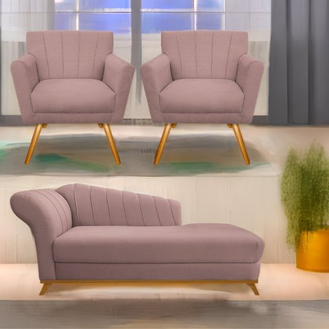 Kit Diva Recamier Vanessa 140cm Lado Direito e 02 Poltronas Laura Linho - Doce Sonho Móveis RECAMIER