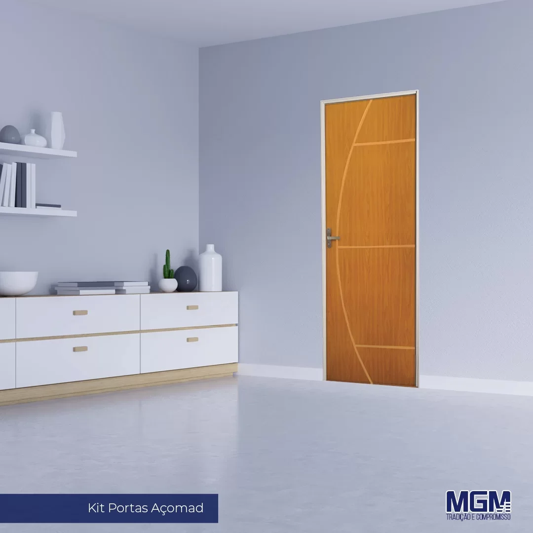 Kit Porta de Madeira Decorada 215x85cm com Batente de Aço 06cm Gaúcha MGM em Madeira Marrom