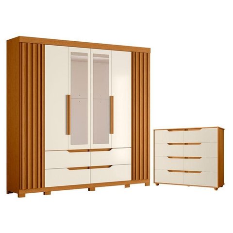 Guarda Roupa Casal Doble com Espelho 06 Portas e Cômoda Doble 08 Gavetas Cinamomo Off White Flex -
