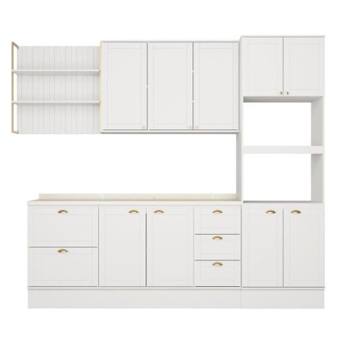 Armário de Cozinha Completa com Balcão Milla Glimmer Prime Carraro Branco
