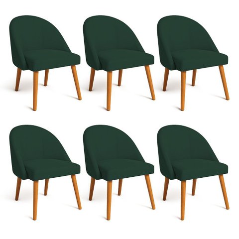 Kit 06 Cadeiras Poltrona de Jantar Luna Suede Verde Pés Palito Castanho - Pallazio