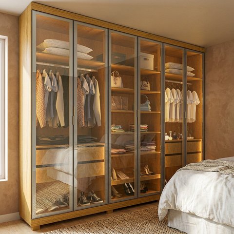 Guarda-Roupa Casal em MDF com LED 6 Portas em Vidro Reflecta e 4 Gavetas Casuá Naturale Imperatriz