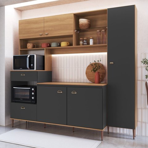 Cozinha Compacta 227cm com Tampo Espaço Forno e Microondas Paneleiro 6 Portas 1 Gaveta Karina Cinza/Freijó/Grafite