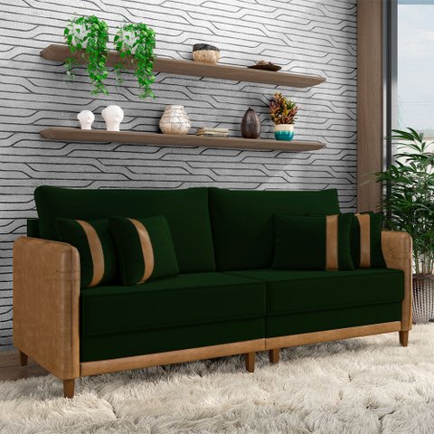 Sofá Montecarlo 3 Lugares 252cm Veludo/pu Verde/caramelo