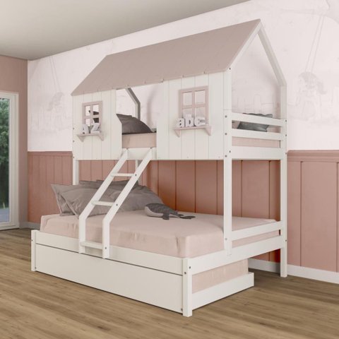 Treliche Casal/ Solteiro Casinha Encantada Madeira Maciça Branco/ Rosa Megamobilia