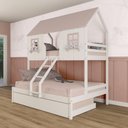 Ver imagem 1 de Treliche Casal/ Solteiro Casinha Encantada Madeira Maciça Branco/ Rosa Megamobilia