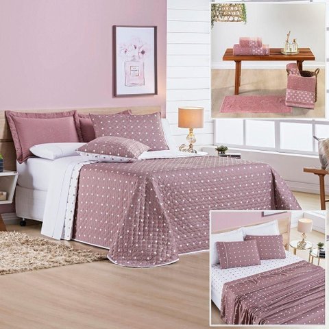 Cobre Leito + Jogo de Cama Casal Padrão + Jogo de Banho Petit Poá 12 Peças 100% Poliéster - Rose