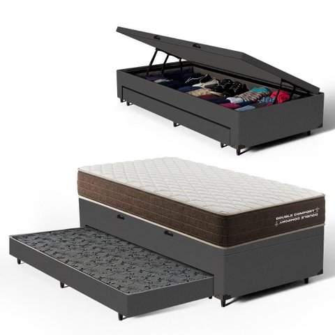 Cama Box Baú Solteiro com Colchão de Espuma D33 Double Comfort + Auxiliar 88cm