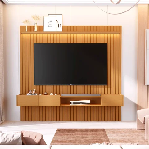 Painel para TV até 84 Polegadas Ripado com LED e Nicho 100% MDF 219CMX233CM Vitoria Regia Yescasa Marrom Nature