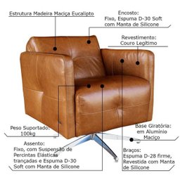 Kit 3 Poltronas Giratória para Sala de Estar Astana Couro Marrom - Gran Belo - 2