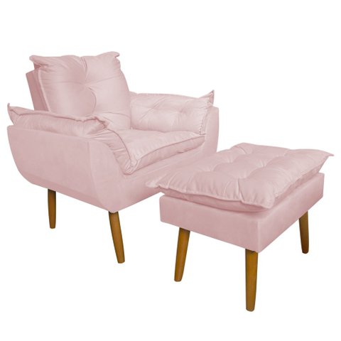 Conjunto Decorativo Poltrona com Puff Opala Suede Rosa Claro - Montanaris Decor Md Montanaris Decor