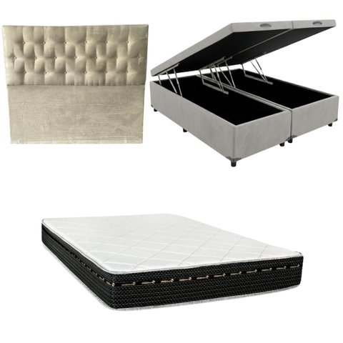 Cama Box Baú Bipartida Blindada + Colchão Eagle Molas Bonnel 22cm | Kit Completo com Cabeceira Boton