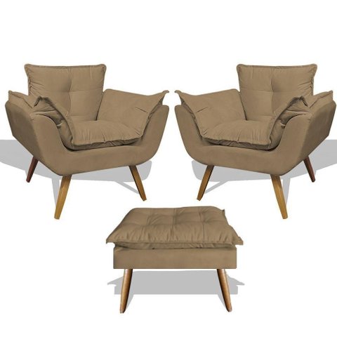 Kit 02 Poltrona e Puff Opala Suede Capuccino Smf Decor