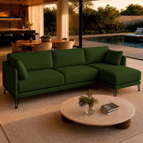 Sofá Sala de Estar Atena Chaise Direito Pés de Ferro 314cm 5 Lugares Linho Verde M1 - Monari Design