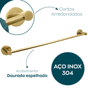 Ver imagem 3 de Toalheiro Dourado Inox 304 Suporte Toalha Banheiro 60cm Acessorio Lavabo Luxo Porta Toalha de Banho