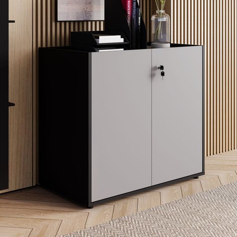 Armário Baixo 80cm com 2 Portas e Tampo Embutido para Escritório Corporate Cinza/Sagrado/Preto