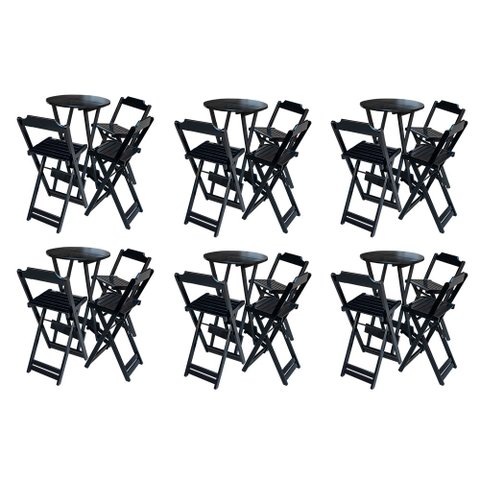 Kit 6 Jogos de Mesa Bistrô de Madeira Dobrável com 3 Banquetas - Preto