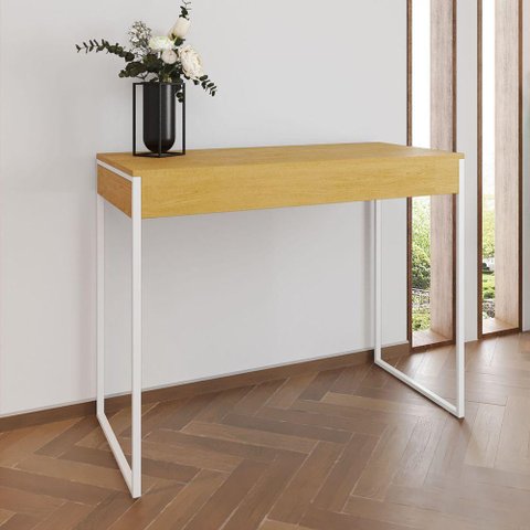 Aparador Industrial Retangular Califórnia Canela 137x40cm Base Ferro Branco - Cor: Marrom
