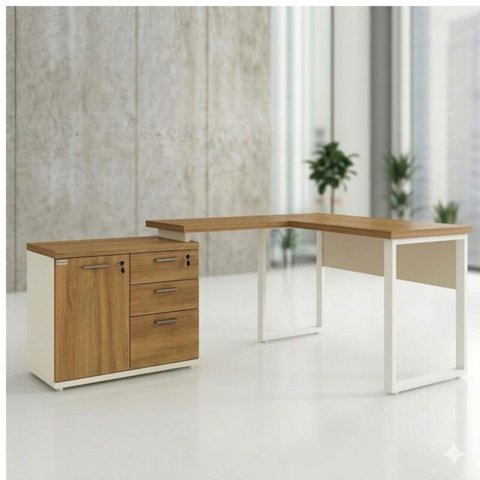 Mesa Escritório em L 1,70x1,50m Extensível Armário Misto 3 Gavetas Cor Nogal Sevilha / Champanhe