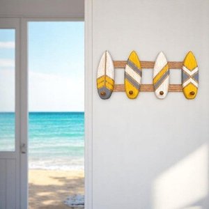 Porta Chaves e Cabideiro Prancha Amarela 40 Cm Decoração de Praia em Madeira