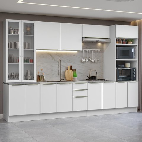Armário de Cozinha Completa 340cm Branco/branco Veludo Lux Madesa 02 Branco/branco Veludo