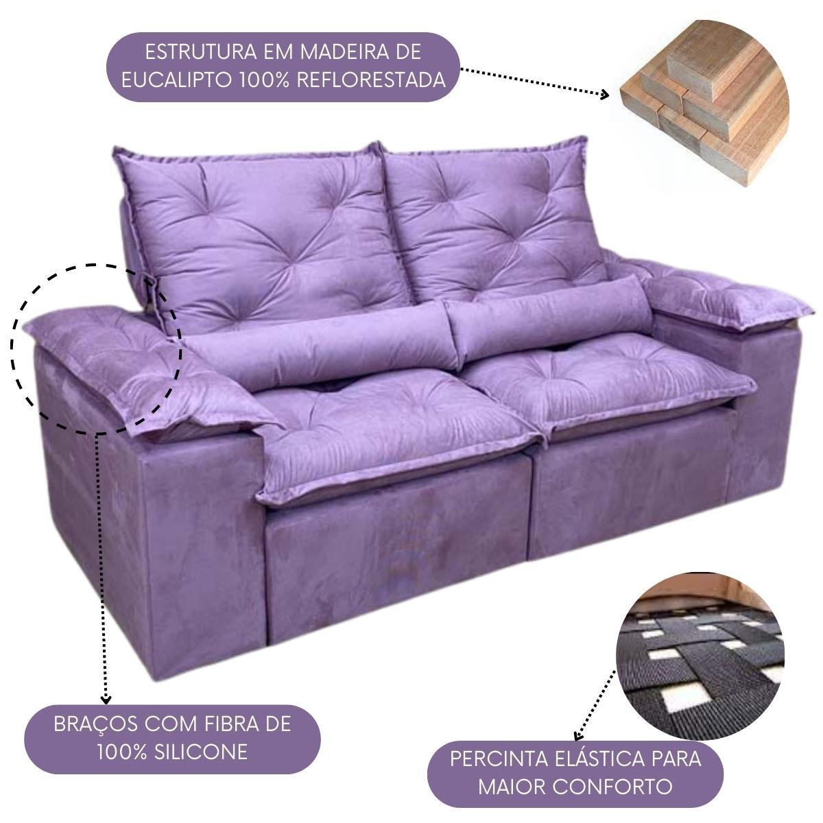Sofa Reclinavel Retratil Design Elegante Athena 2,30m Veludo Cor:Violeta - 3