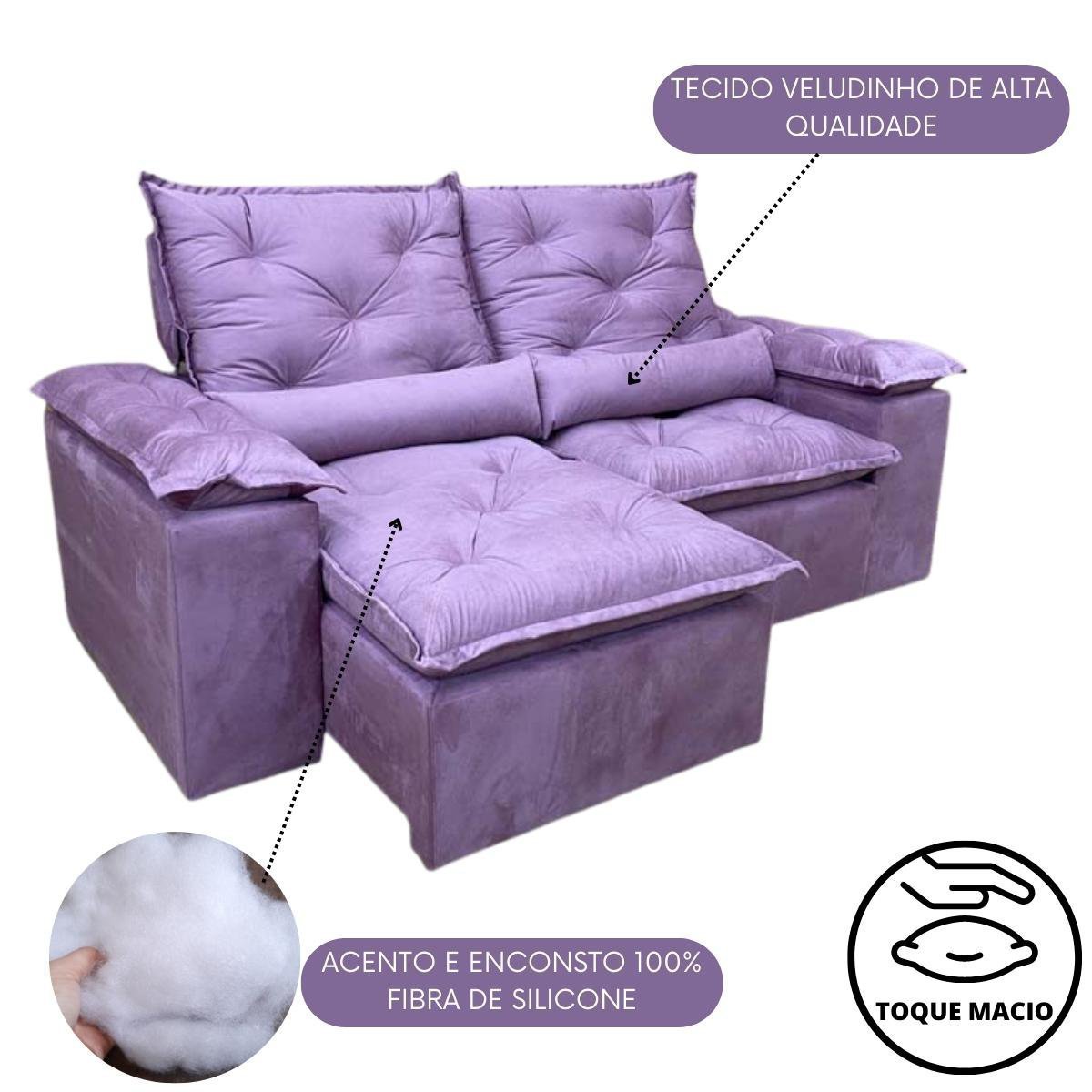 Sofa Reclinavel Retratil Design Elegante Athena 2,30m Veludo Cor:Violeta - 4
