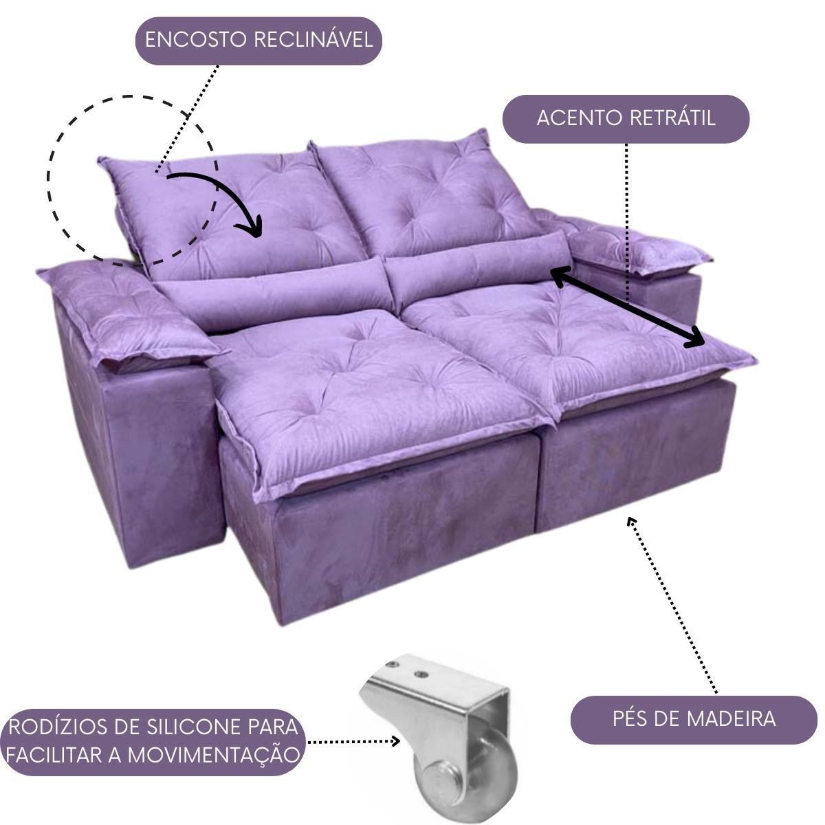 Sofa Reclinavel Retratil Design Elegante Athena 2,30m Veludo Cor:Violeta - 2