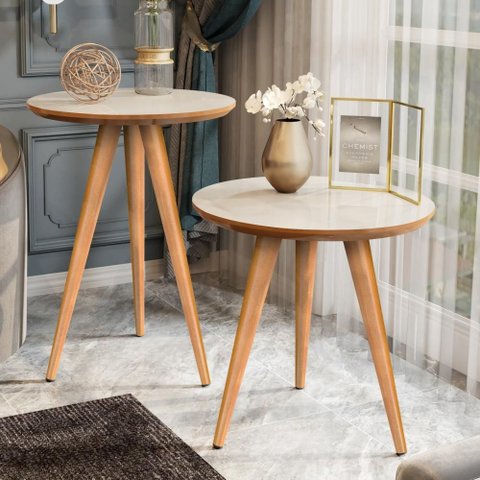 Kit 2 Mesas Classic com Pés Palito para Sala de Estar ou Escritório - Off White com Freijó