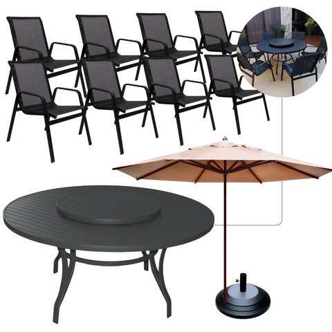 Conjunto Sevilha Mesa Giratória 1,80m em Alumínio + 8 Cadeiras Sling + Ombrelone 3m com Base