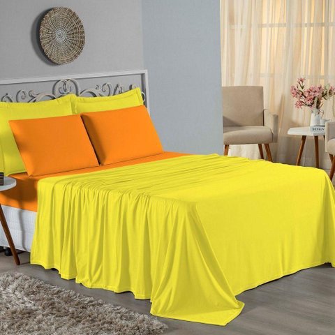 Jogo de Cama Casal Viúva Nobre 4 Peças Malha 100% Algodão - Amarelo / Laranja