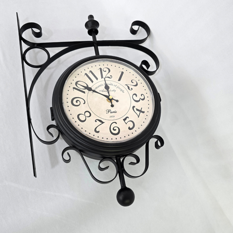 Relógio de Parede Metal Dupla Face Estação Trem - Varanda - Jardim Preto Fosco - 47cm