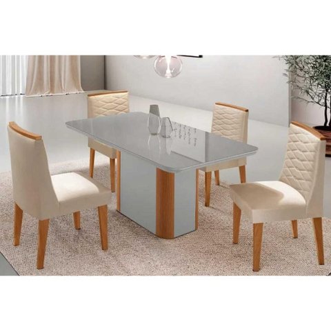Sala Jantar Mesa Pietá Tampo c/ Vidro Curvo 120cm+4 Cadeiras Maldivas Naturale/Off White - Suede