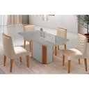 Ver imagem 1 de Sala Jantar Mesa Pietá Tampo c/ Vidro Curvo 120cm+4 Cadeiras Maldivas Naturale/Off White - Suede
