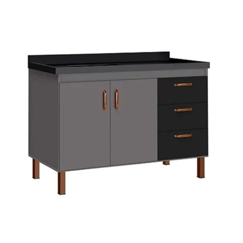 Gabinete de Cozinha 114 cm com 2 Portas e 3 Gavetas Balcão:Cinza/Preto