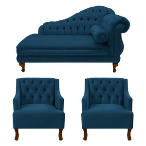 Recamier Larissa 150 cm Esquerdo de quem senta e 2 Poltronas Genesis Suede Azul Marinho - DL Decor