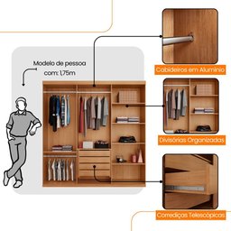 Guarda Roupa Casal Connor 100 Mdf 3 Portas 4 Gavetas e 6 Prateleiras Moderna Mobília - 4