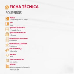 Guarda Roupa Casal Connor 100 Mdf 3 Portas 4 Gavetas e 6 Prateleiras Moderna Mobília - 6