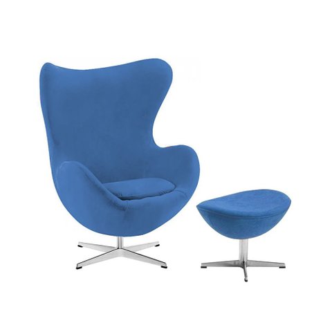 Poltrona Egg com Puff Base Alumínio em Sued Azul