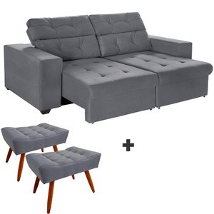 Sofá 3 Lugares 2,00m Retrátil Reclinável +2 Puffs Cinza