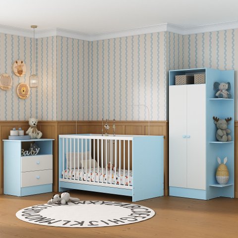 Jogo de Quarto Infantil Trevalla Móveis Pom Pom 3 Peças - Azul/Branco