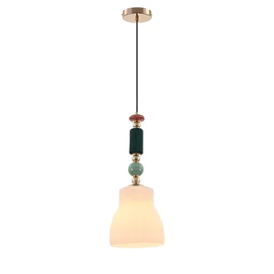 Pendente Ø20×48cm E27 Metal Dourado com Vidro Branco e Cerâmica com Cabo de 1,5m
