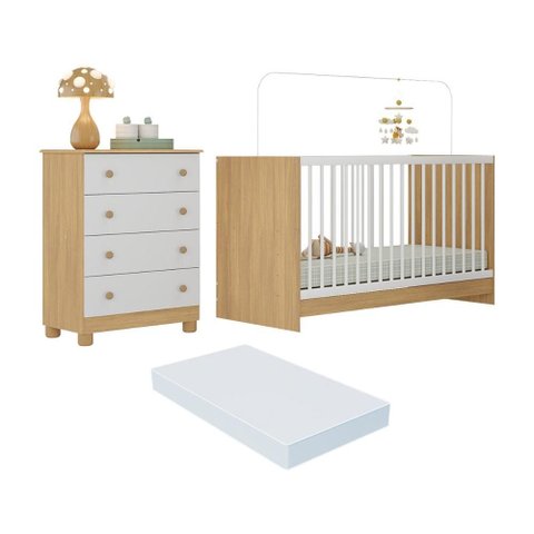 Berço 3 em 1 com Colchão Incluso e Cômoda 4 Gavetas Sol Multimóveis Mp4776 Madeirado/branco