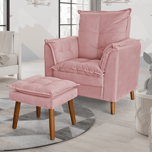 Poltrona Amamentação Descanso Pés Palito com Puff Ariel Veludo Rosa