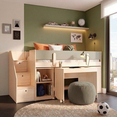 Cama Alta com Armários e Escrivaninha em MDF Artsy Casatema MadeiraOriginals Natural/Verde