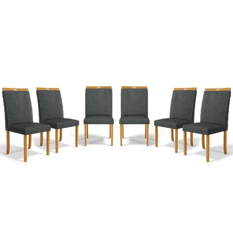Kit com 6 Cadeiras Agnes Madeira Maciça Estofadas para Mesa de Jantar Linho Chumbo 406