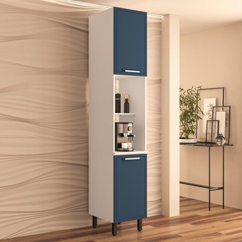 Armário Paneleiro Amara 40x224,5cm com 2 Portas e 2 Nichos Branco/Azul 250026