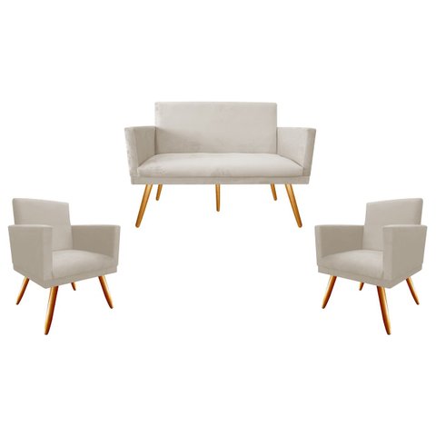 Kit Namoradeira + 2 Poltronas Decorativa Nina Suede Bege Pés Madeira Mz Decor