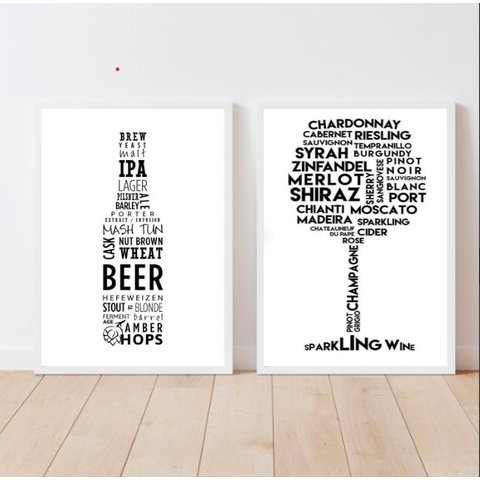Kit 2 Quadros Cerveja E Vinho Minimalistas 24x18cm:Madeira preta